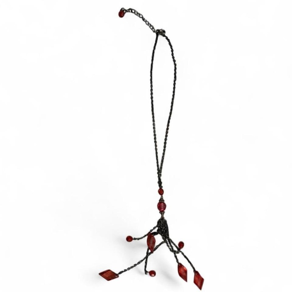 Red Beaded Tassel Pendant Necklace Gunmetal Chain Gothic Boho Y-Necklace - Picture 3 of 4